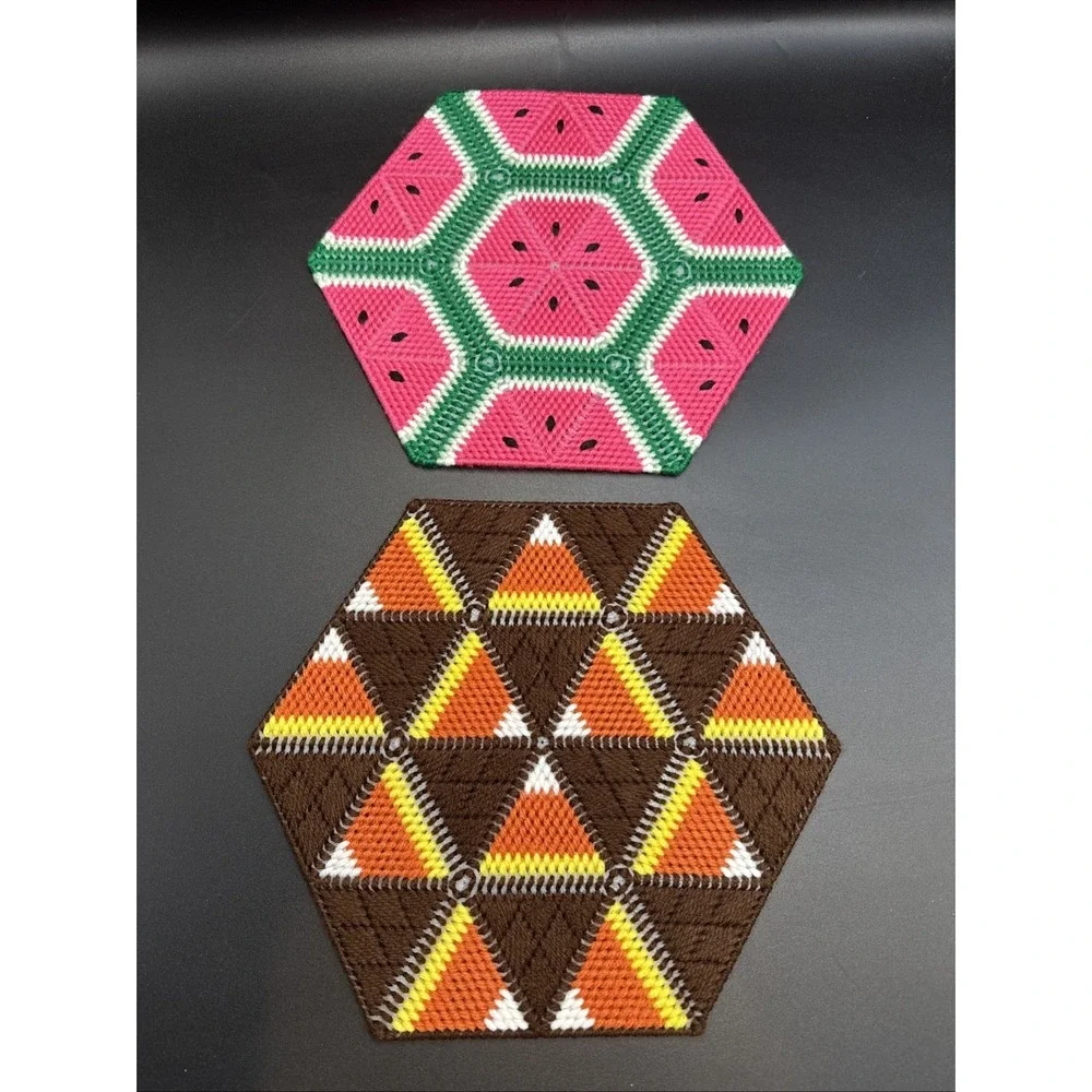 Lot of 2 Plastic Canvas Table Mats Hexagon Shape 11